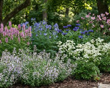 Trvalkový záhon do polostínu Polostinná zahrada