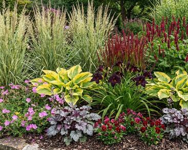 Trvalkový záhon do polostínu Rubínový závoj