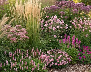 Trvalkový záhon do polostínu Růžový balet